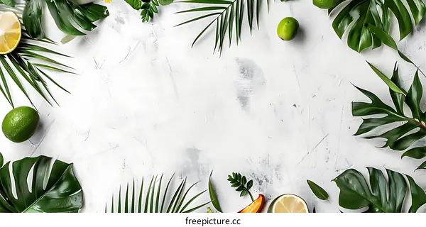 Tropical Leaves and Fruit on White Background