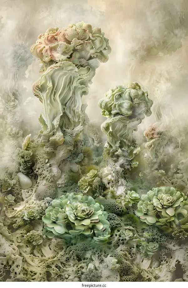 Abstract Green and Beige Floral Fantasy Landscape