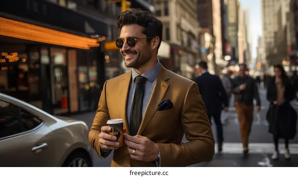 A well-dressed man in a suit is crossing the road with a coffee cup in his hand