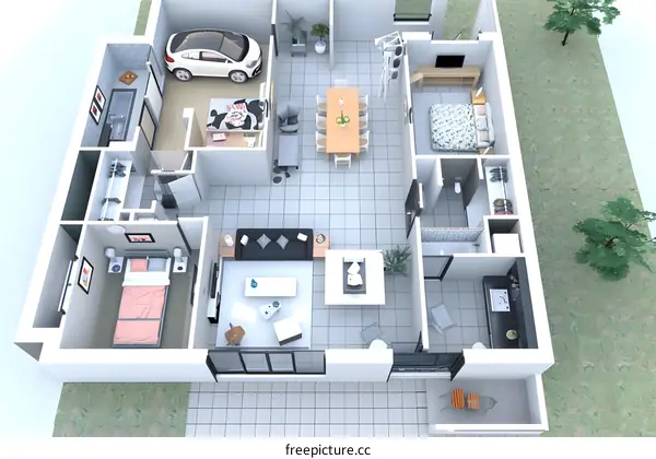 Modern House Floor Plan Design With White Car