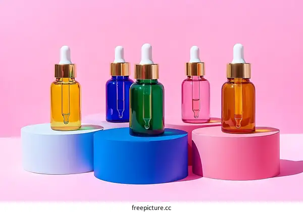 Colorful cosmetic bottles display on colorful podiums