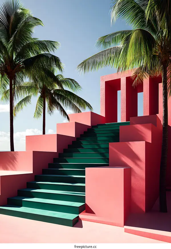 Green Steps Up To Pink Modernist Architecture Under Palm Trees