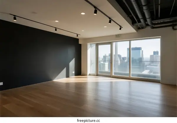 Modern empty room with large windows and wooden floor