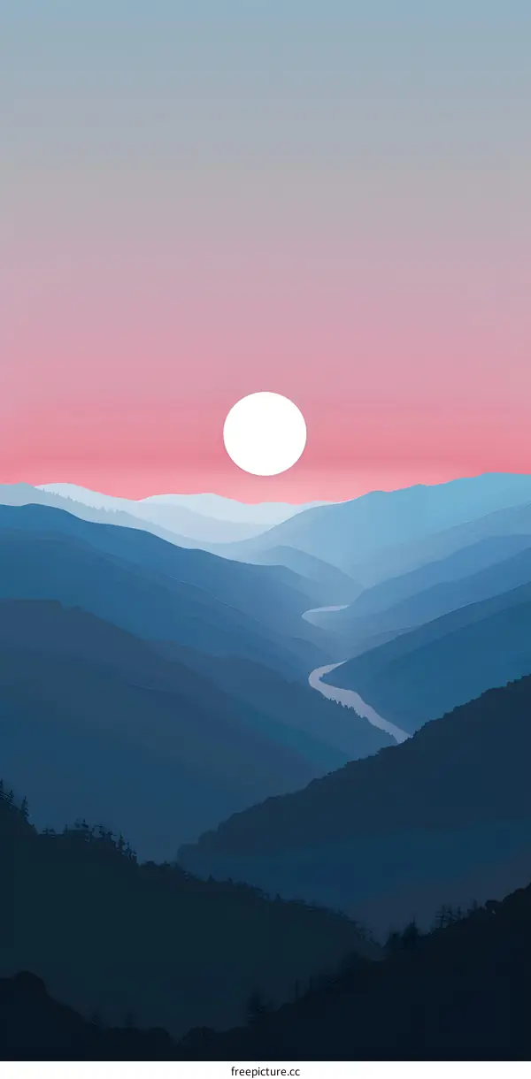 Mountain Range Silhouette with River and Sunset