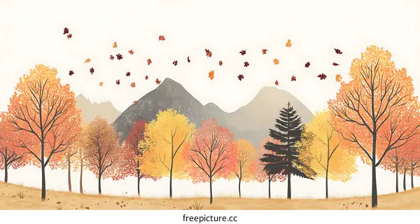 Autumn Landscape With Falling Leaves