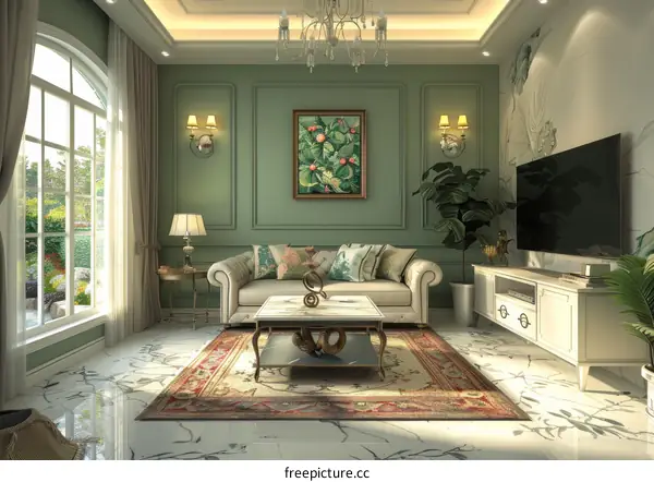 Elegant Living Room with Green Walls and Colorful Rug