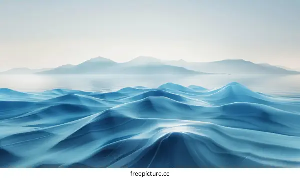Blue and white abstract waves with a mountain range in the distance