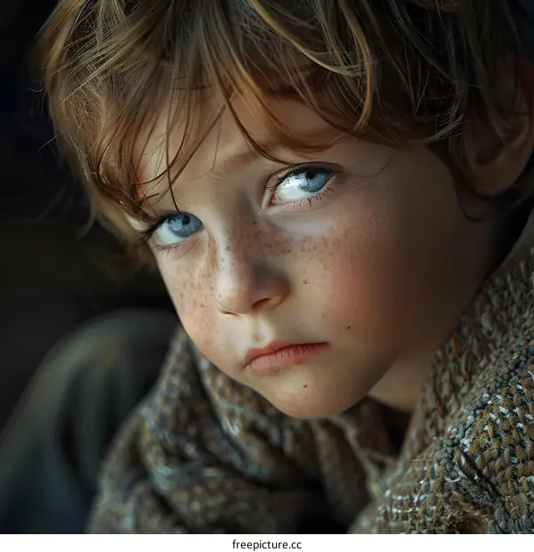 Portrait of a boy with freckles and blue eyes