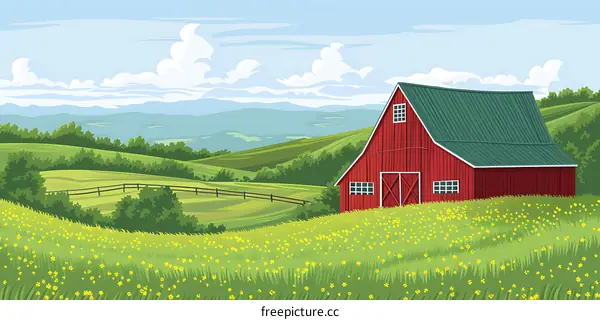 Red Barn with Green Roof on a Hill
