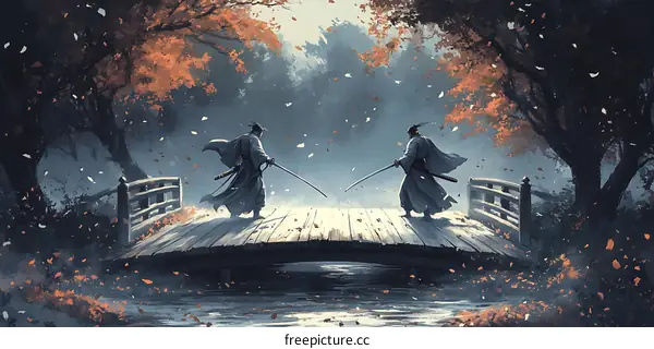 Japanese Samurai Duel on a Wooden Bridge