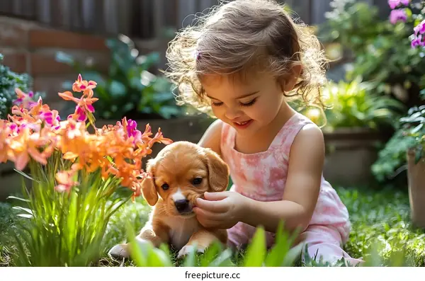 Little Girl Playing With Puppy in Garden