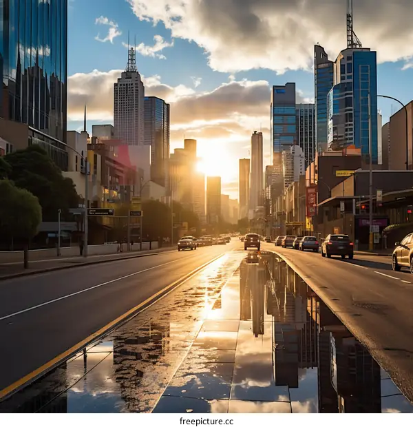City Street Skyscrapers Puddle Reflections
