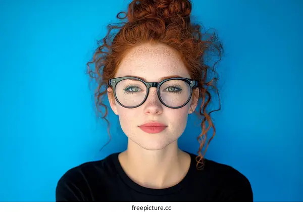 Portrait of a Woman with Red Curly Hair and Glasses against a Blue Background