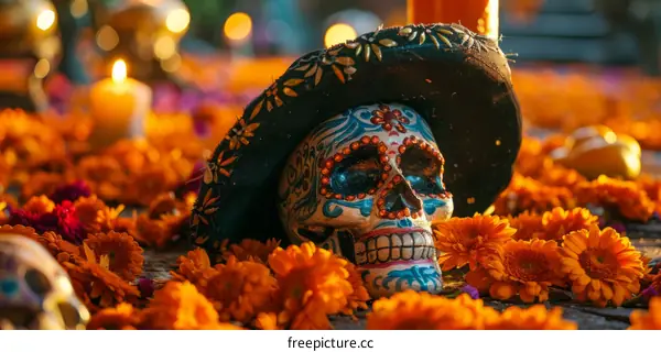 A colorful skull with a hat surrounded by orange flowers