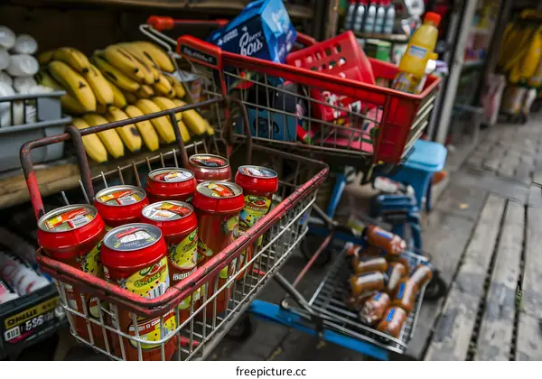Cans of Food in a Shopping Cart