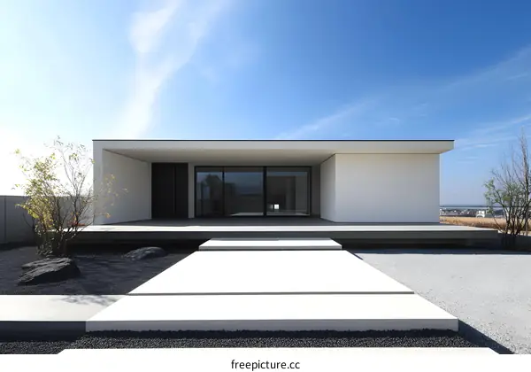 Modern White House Exterior with Stone Pathway and Minimalist Landscape Design