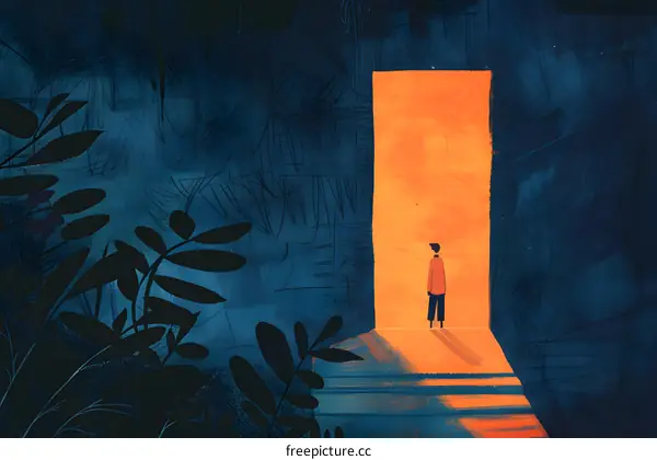 Silhouette of a Person Standing in Front of a Doorway with Orange Light