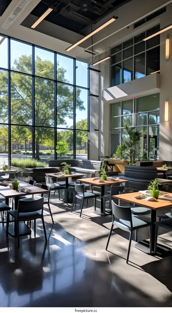 Modern office space with large windows and plants