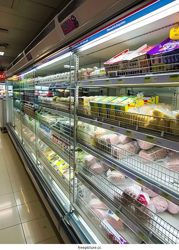 Refrigerated Display Case With Food Products Inside In Supermarket