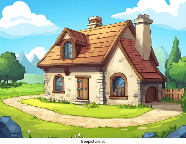 Cartoon Illustration of a Cottage in the Countryside