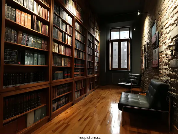 Cozy Library with Wooden Bookshelves