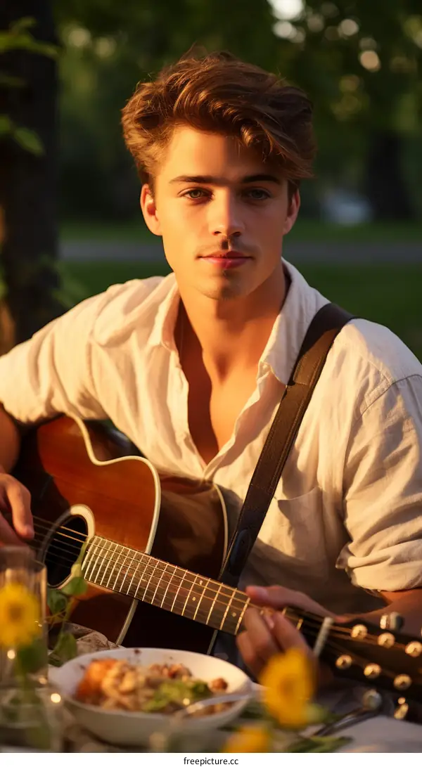 Young man playing guitar at a picnic