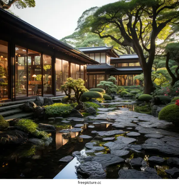 Japanese garden with a pond and a stone path