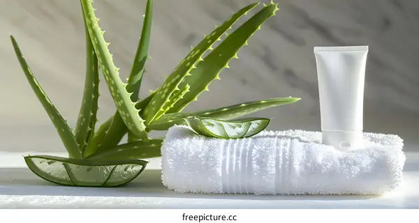 Aloe Vera Plant with Cream Tube and Towel on White Surface