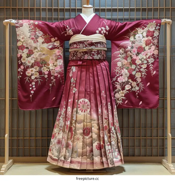 A kimono with a floral pattern and a red background