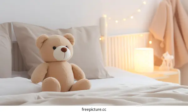 A soft and cuddly teddy bear resting on a white bed