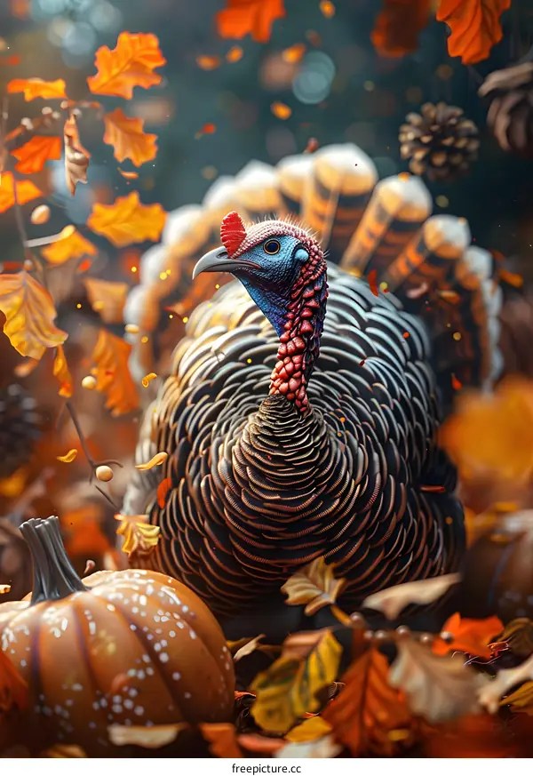 A turkey standing next to a pumpkin, with leaves falling around it