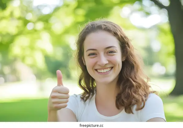 Happy Young Woman Giving Thumbs Up in Park