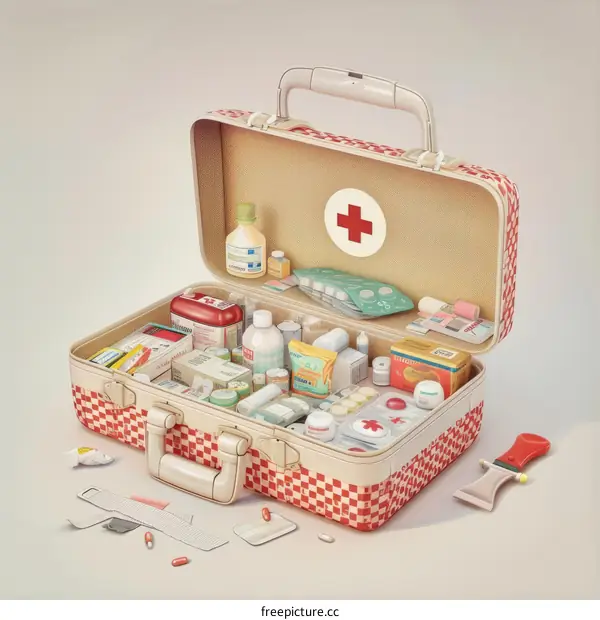 A first aid kit filled with medical supplies