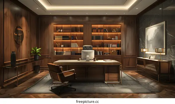 Modern Wooden Office Interior Design with Desk and Bookshelf