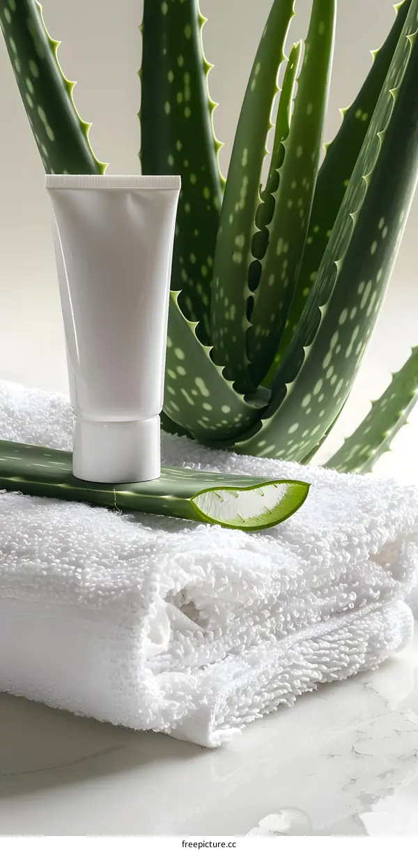 Aloe Vera Plant With Cream Tube And Towel On White Background