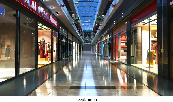 Empty Shopping Mall Corridor Interior Design With Festive Decorations