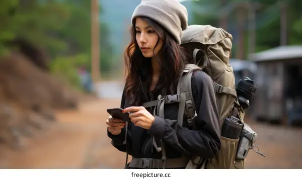 Asian woman hiker in a gray beanie and black jacket checking her phone while out on a hike in the woods