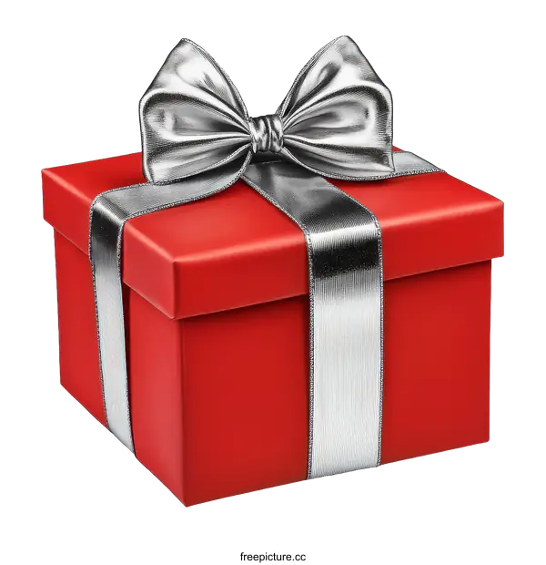 [Transparent Background PNG]Red Gift Box with Silver Ribbon