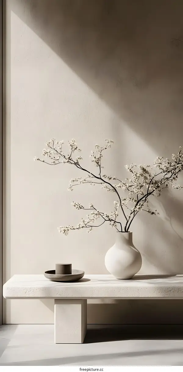 Minimalist Interior Design With White Flowers and Vase on a White Table