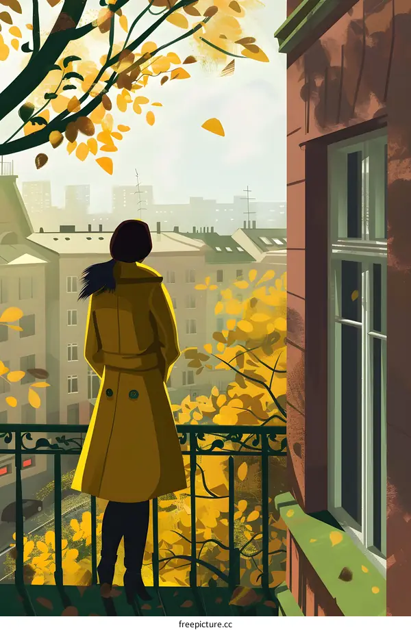 Woman in Yellow Coat Looking at the Autumn City View