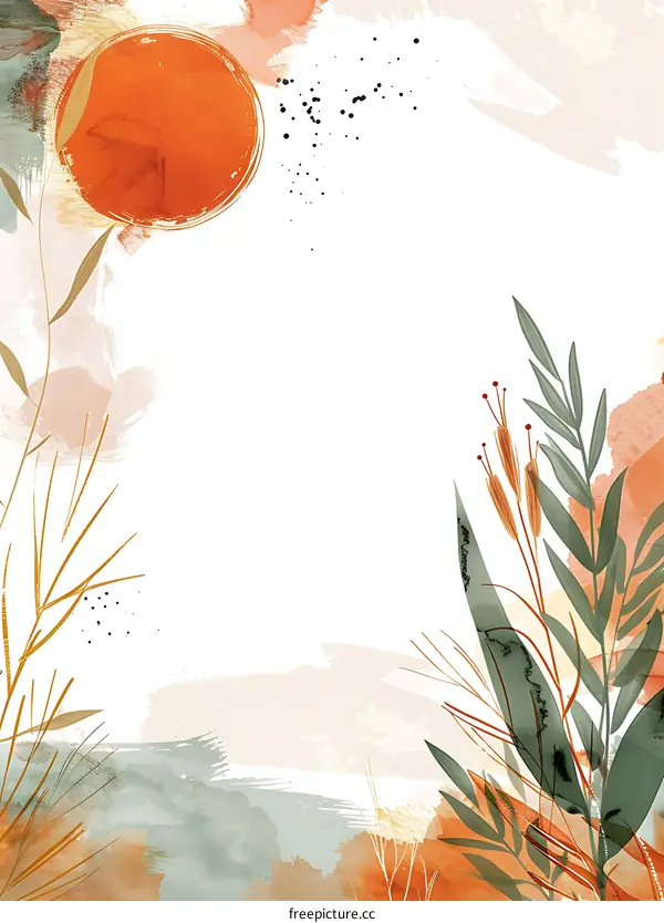 Abstract Watercolor Painting With Green and Orange Leaves