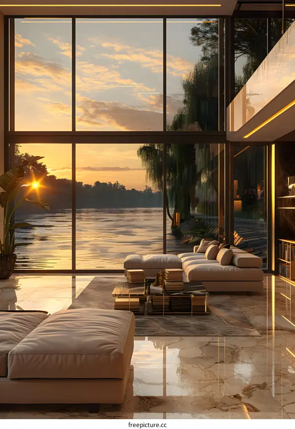 Modern house interior with large windows and sunset view