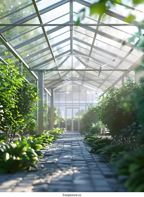 Glass Greenhouse with Stone Path and Lush Greenery