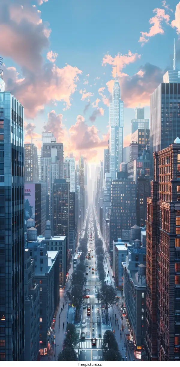 Cityscape with Tall Buildings and a Wide Street