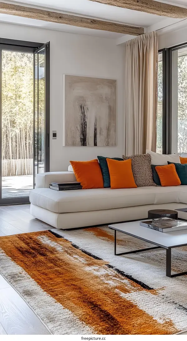 Modern Living Room Interior Design with Orange Carpet