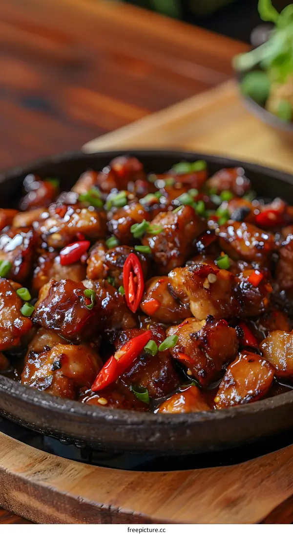 Closeup of Chinese Black Pepper Chicken Dish Served in a Hot Pan