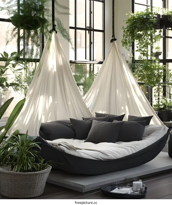 Relaxation Oasis with Hammock Bed and Indoor Plants