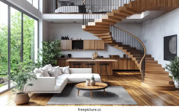 Modern Open-Plan Living Space with Spiral Staircase