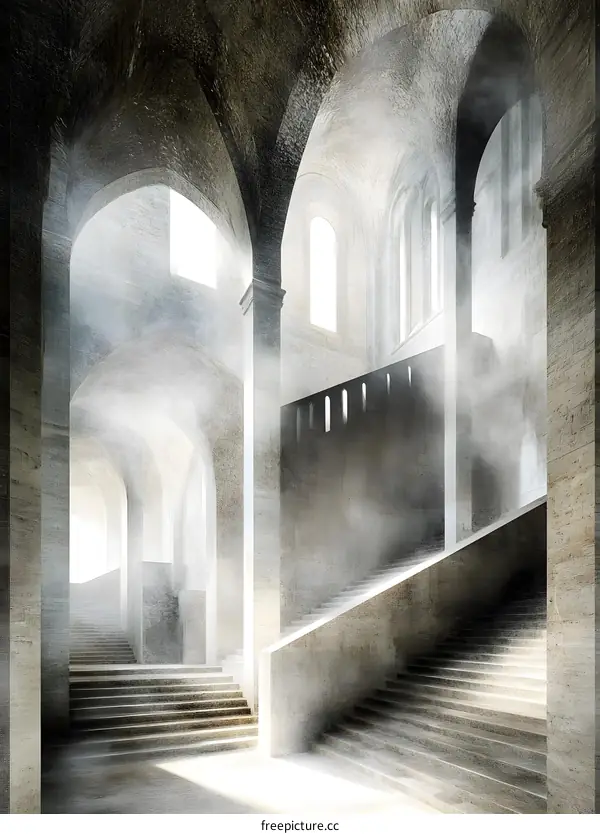 Architectural Stairway with Light and Mist