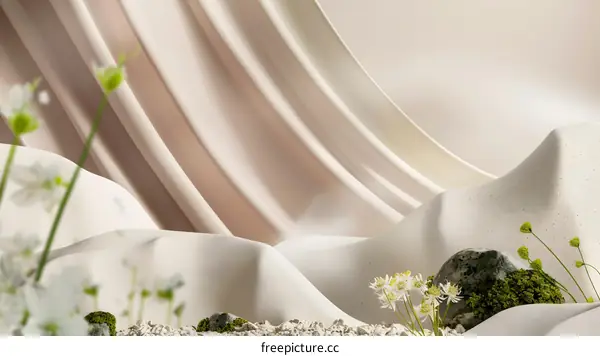 Minimalist Aesthetic with Draped Fabric and White Flowers